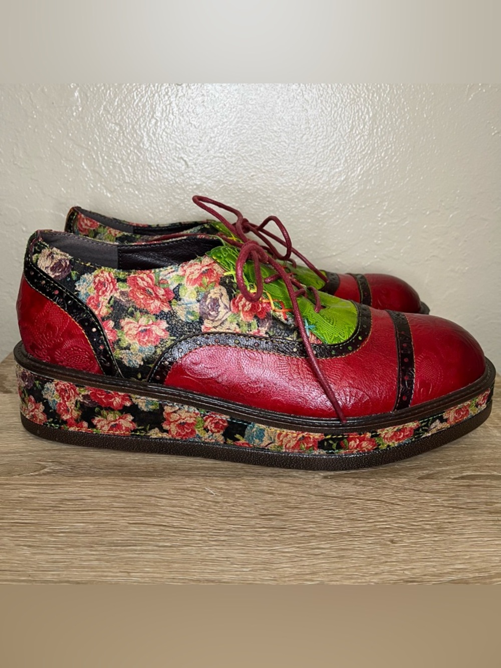 Socofy Mixed Media Floral Brogue Platform Oxfords - Size 41